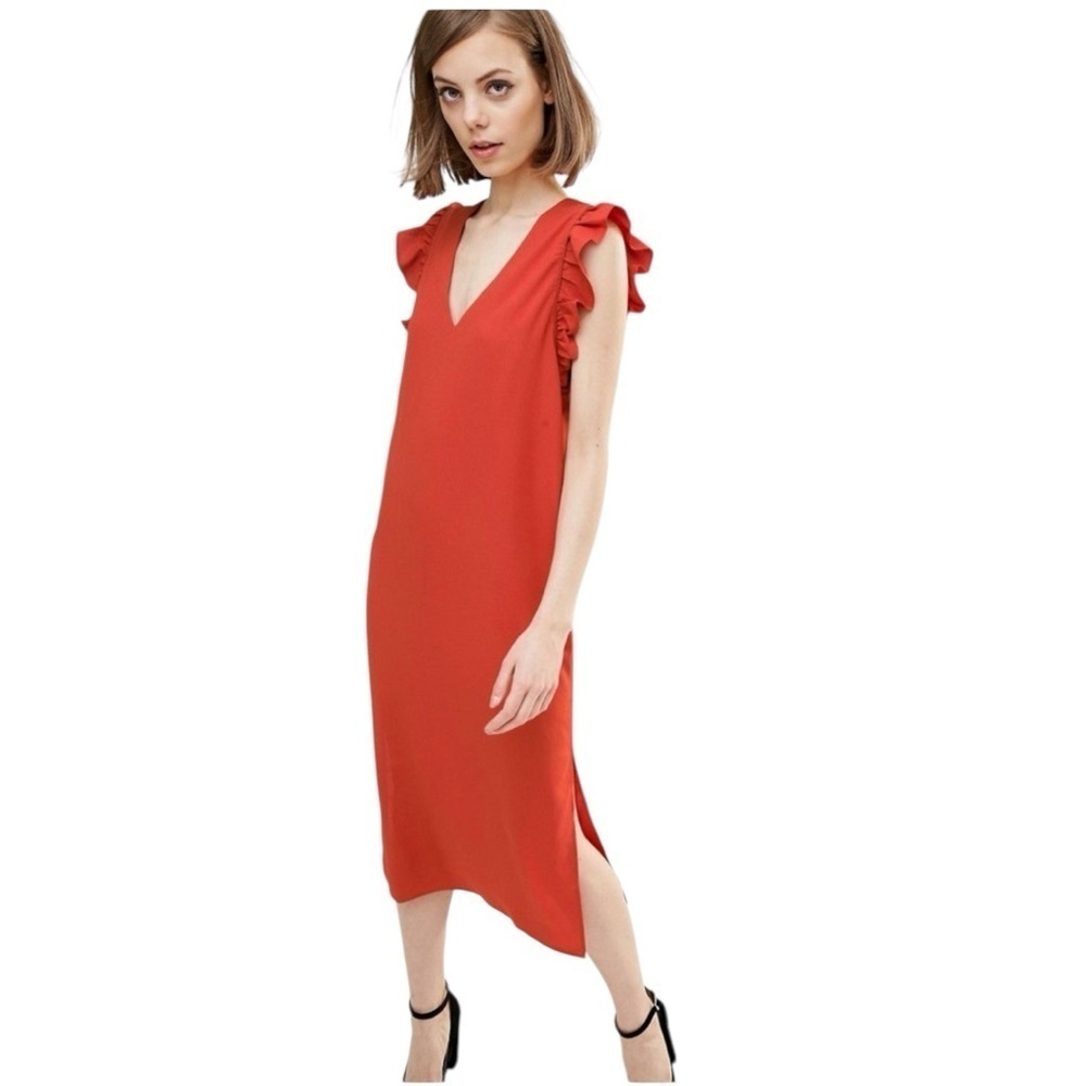 Lost Ink Sleeveless Ruffle V Neck Side Slit Long Dress. Orange Size 2 #1012